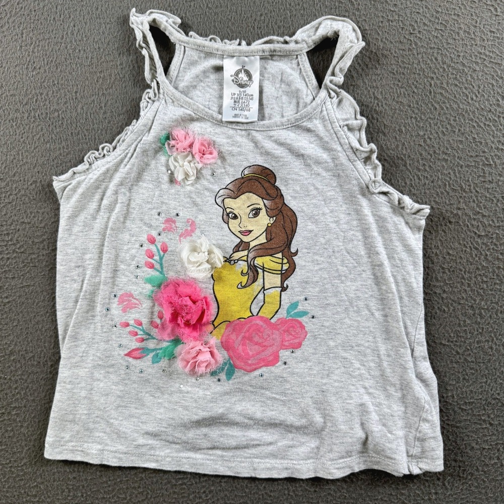Disney Tank Top Youth 9/10 Gray Beauty And The Beast Belle Floral Ruffle Sleeves